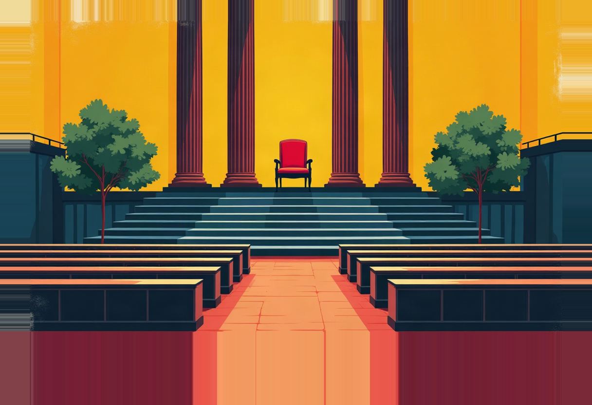 An empty red armchair sits atop blue steps between tall dark columns against a yellow backdrop, flanked by two trees and rows of benches on an orange-red path.