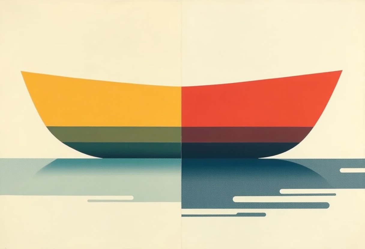 A stylized empty boat split down the middle, yellow and olive on the left half and red and dark maroon on the right, floating on flat blue-green water against a cream background.