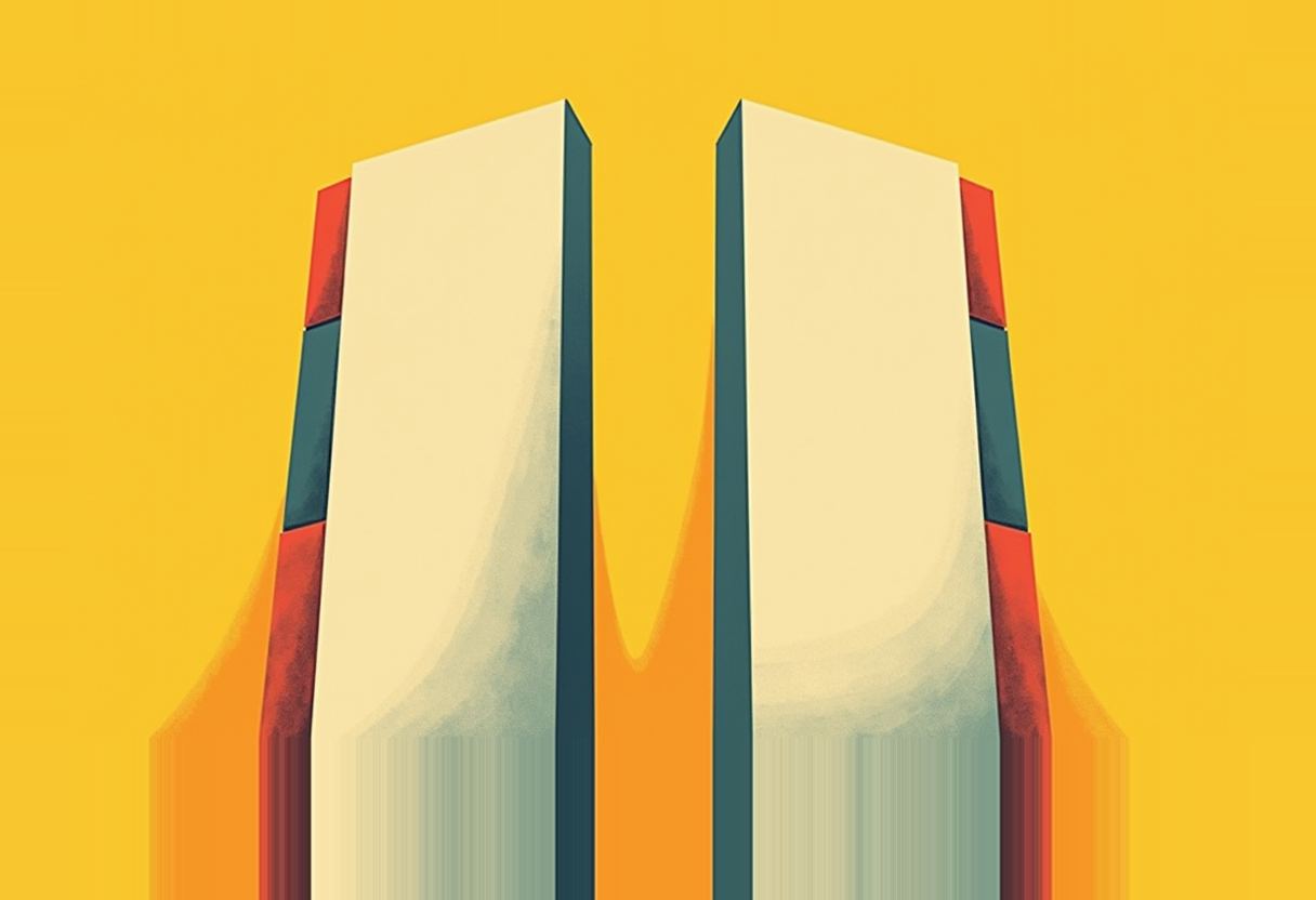 Two tall cream-colored rectangular slabs with dark teal and orange striped edges stand angled apart like an open V against a solid yellow background.