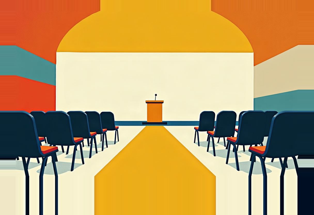 Rows of empty dark blue chairs with red cushions face a podium and blank screen under an orange-and-yellow arch, aisle lit in gold.