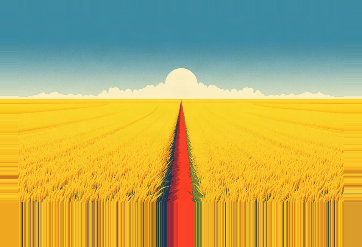 A narrow red streak cuts a straight line through a golden wheat field toward a pale sun on the horizon under a blue sky.