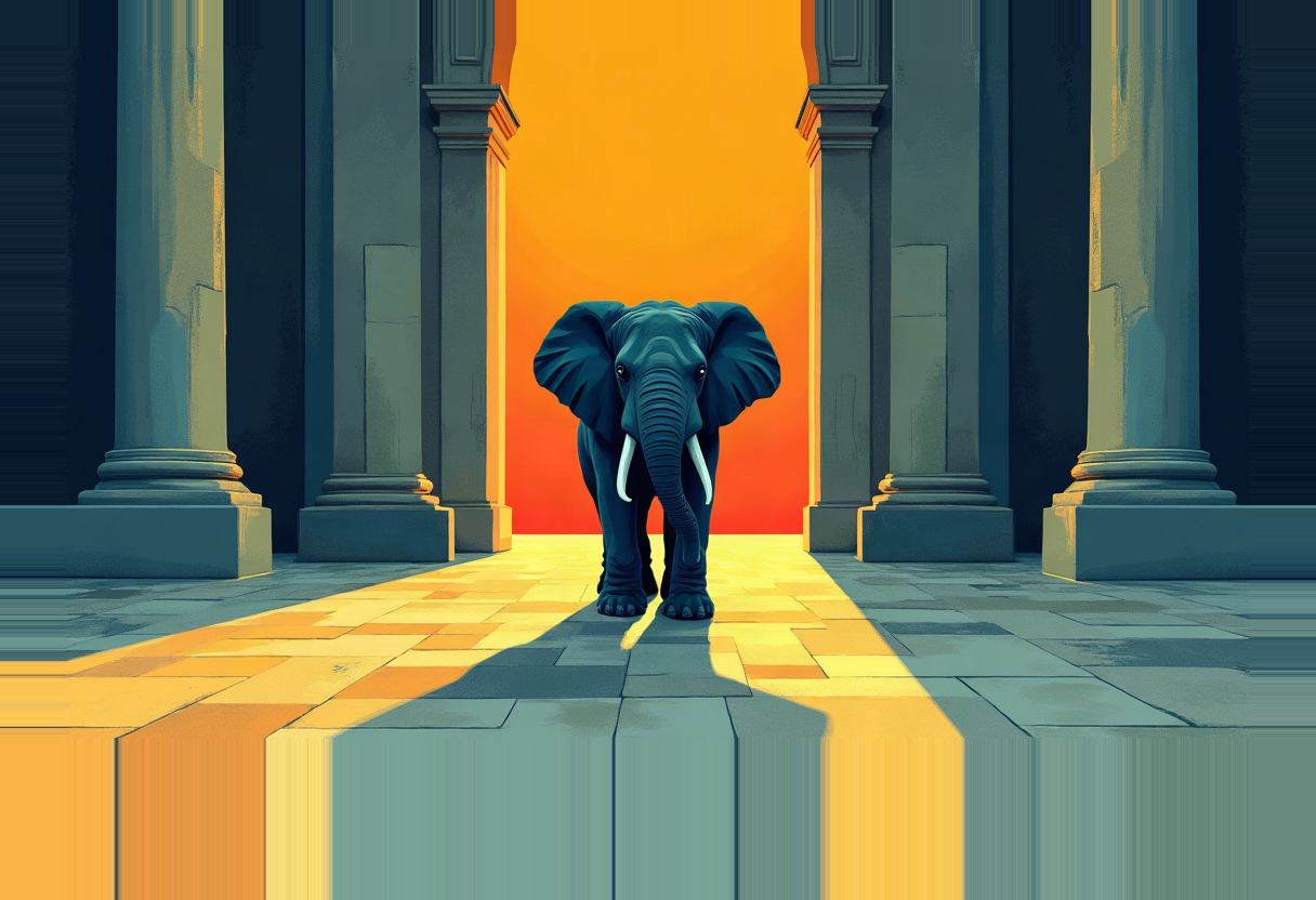 A dark blue elephant with white tusks stands centered between stone columns on a tiled floor, facing an orange-to-red gradient archway.