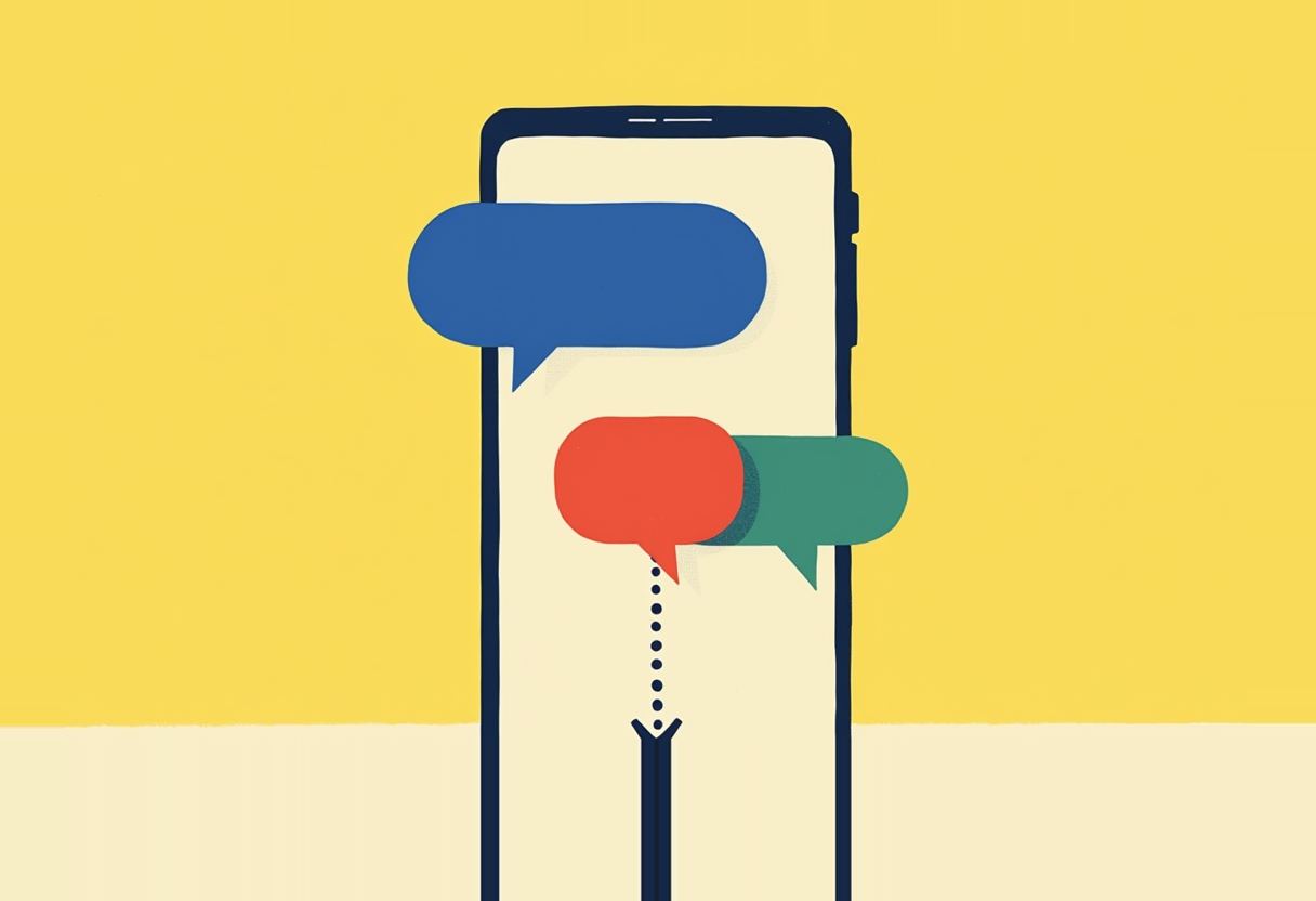 Flat risograph illustration of an upright phone with three overlapping speech bubbles in cobalt, vermilion, and parrot green on a golden ground