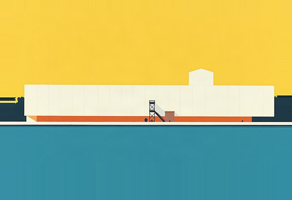 Flat illustration of a long cream building with an orange base under a yellow sky, a small dark staircase tower and chimney in front, teal water below.