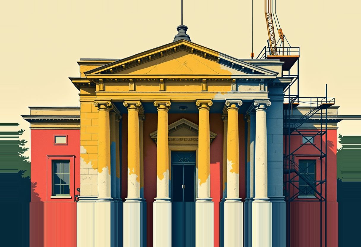 Text-free risograph illustration for a coverage brief on the Kennedy Center renovation and demolition filing