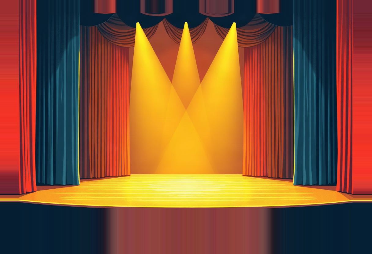 An empty theater stage with red and teal curtains pulled back, lit by three yellow spotlight beams crossing above a glowing orange-yellow floor.