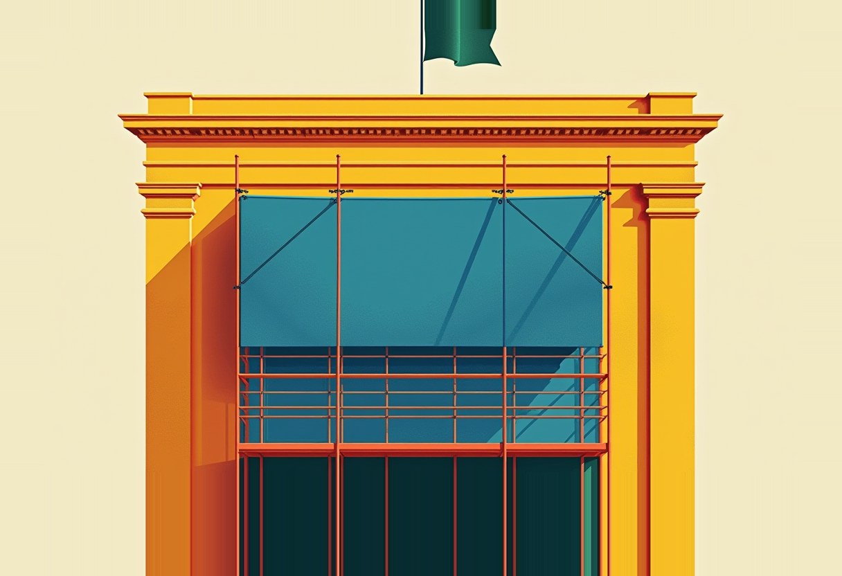 A yellow classical building facade with a green flag on top and a blue tarp stretched across scaffolding over its upper window.