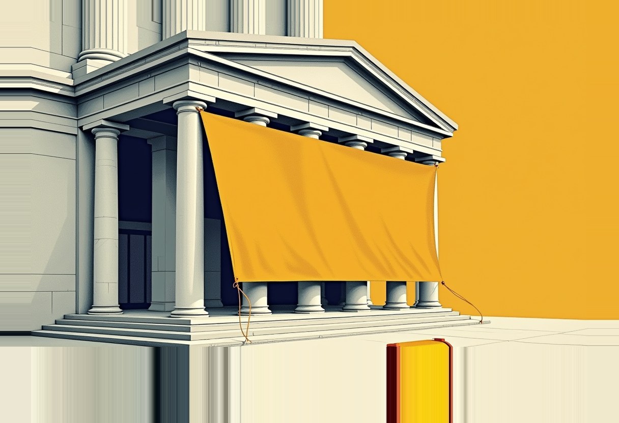 Risograph illustration of a classical marble institutional facade half-shrouded in a heavy tarp, one small gold plaque hovering in mid-air before the covered section