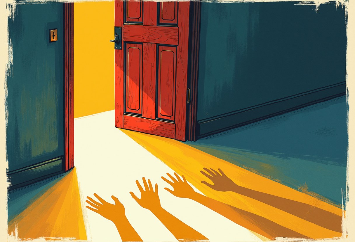 A heavy oak door cracked open a sliver, amber light through the gap, shadows of hands on the floor