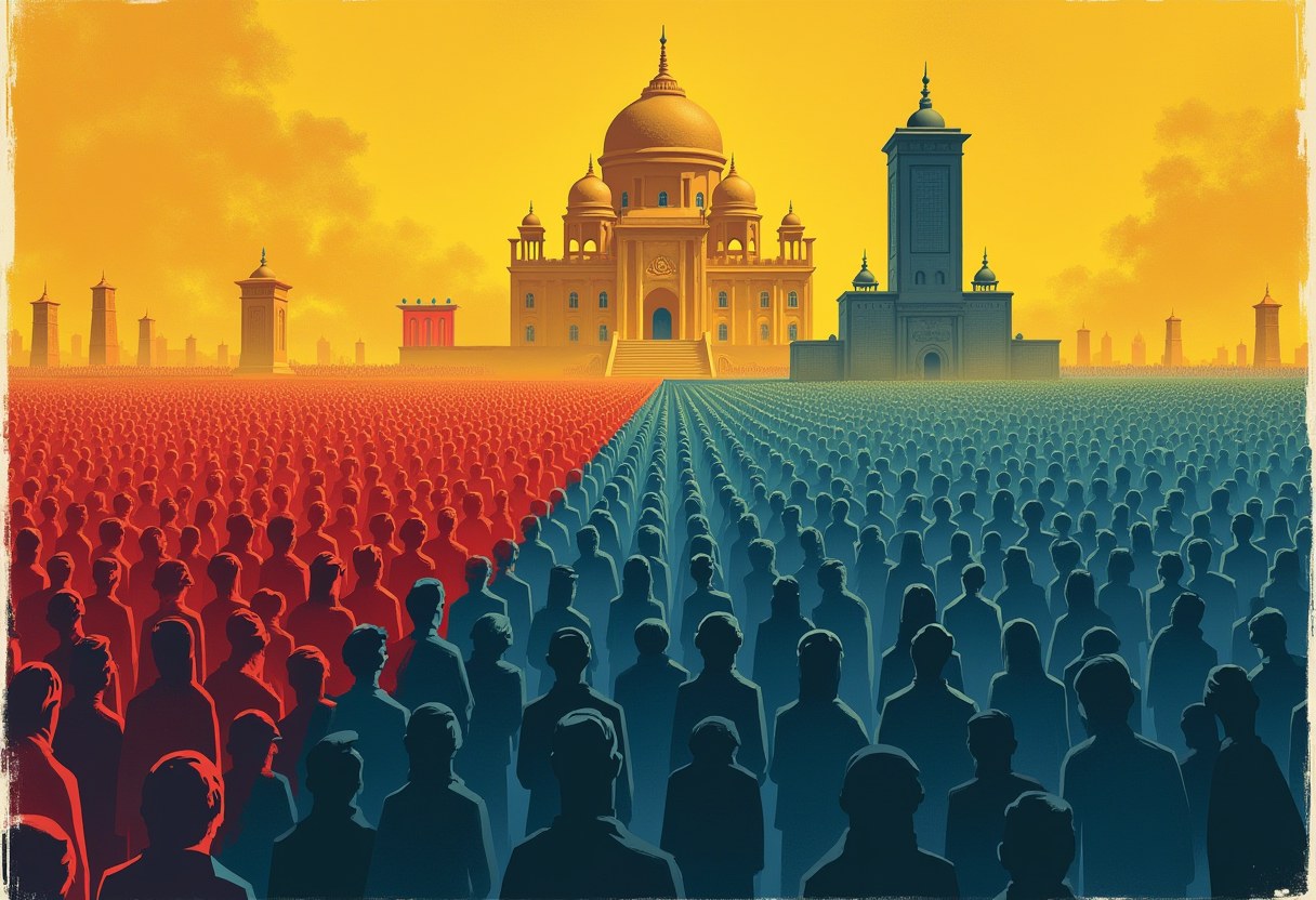 Editorial illustration of a vast funeral crowd before a domed shrine that reads as one unbroken mass on one side and fractures into isolated figures on the other, beside an empty ceremonial dais in a shaft of light