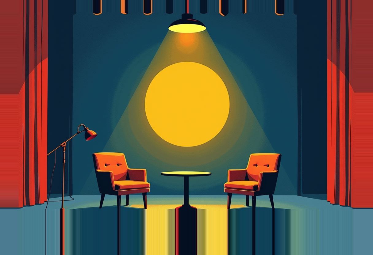 Two empty orange armchairs flank a round side table under a hanging spotlight on a talk-show stage with red curtains.