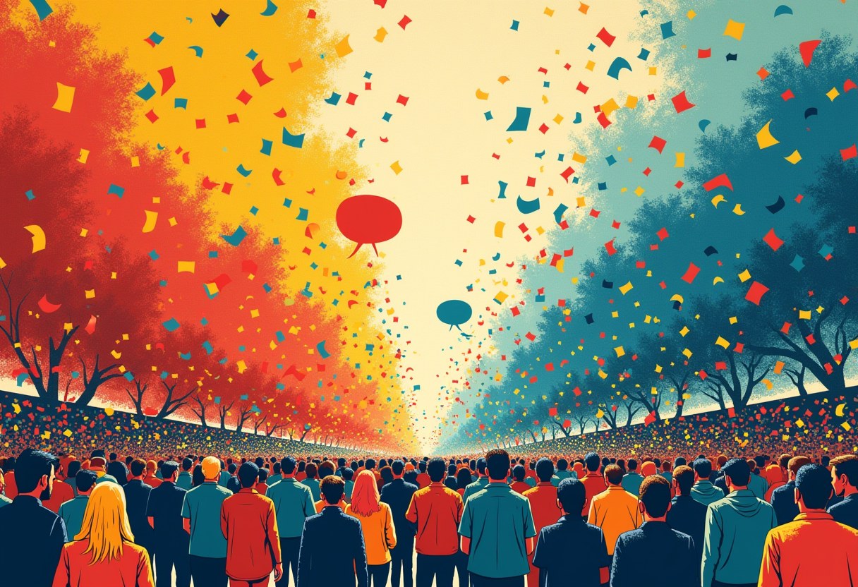 Editorial illustration of an overhead ticker-tape parade splitting into two differently sized crowds beneath a speech bubble