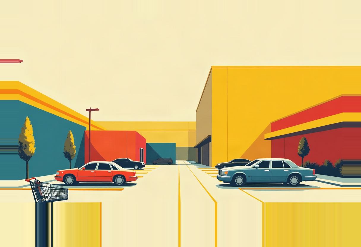 Stylized flat-color illustration of a strip-mall parking lot with red, blue, and black sedans, a shopping cart in the foreground, yellow lane stripes, and yellow, red, and teal storefronts under a pale sky.