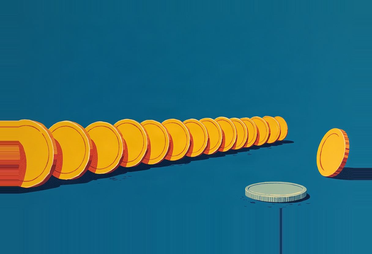 A row of gold coins rolls off toward the right, veering away from a silver coin balanced upright on a thin pole, against a solid teal background.