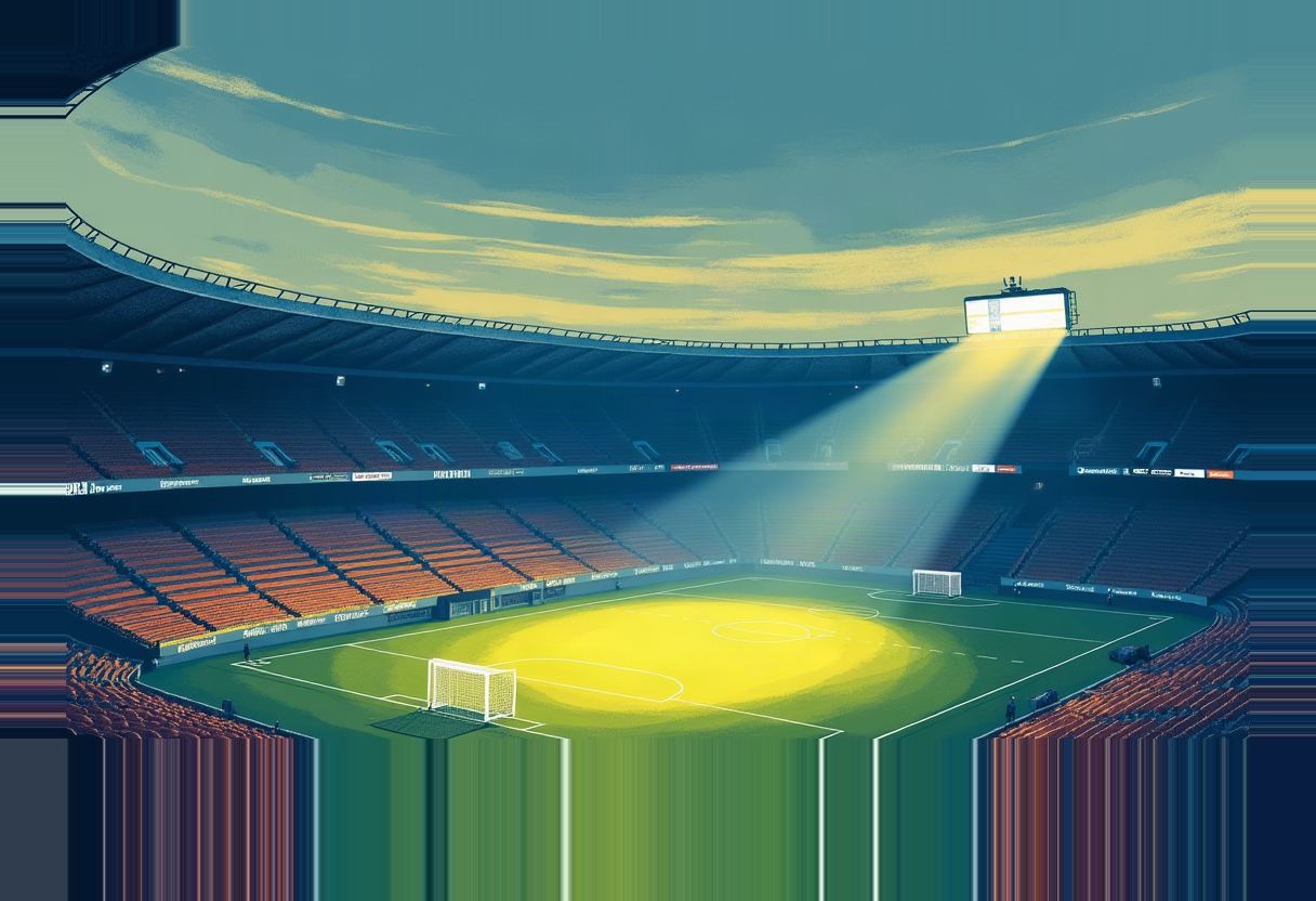 An empty football stadium illustration with orange seating, a green pitch with two goals, and a scoreboard casting a bright light beam onto the field.