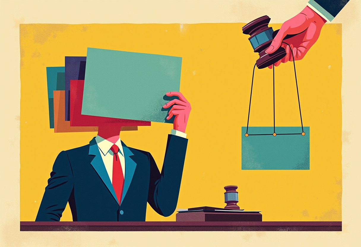 Editorial illustration of a suited figure behind four blank stacked placards, one hand holding a gavel and a marionette's strings