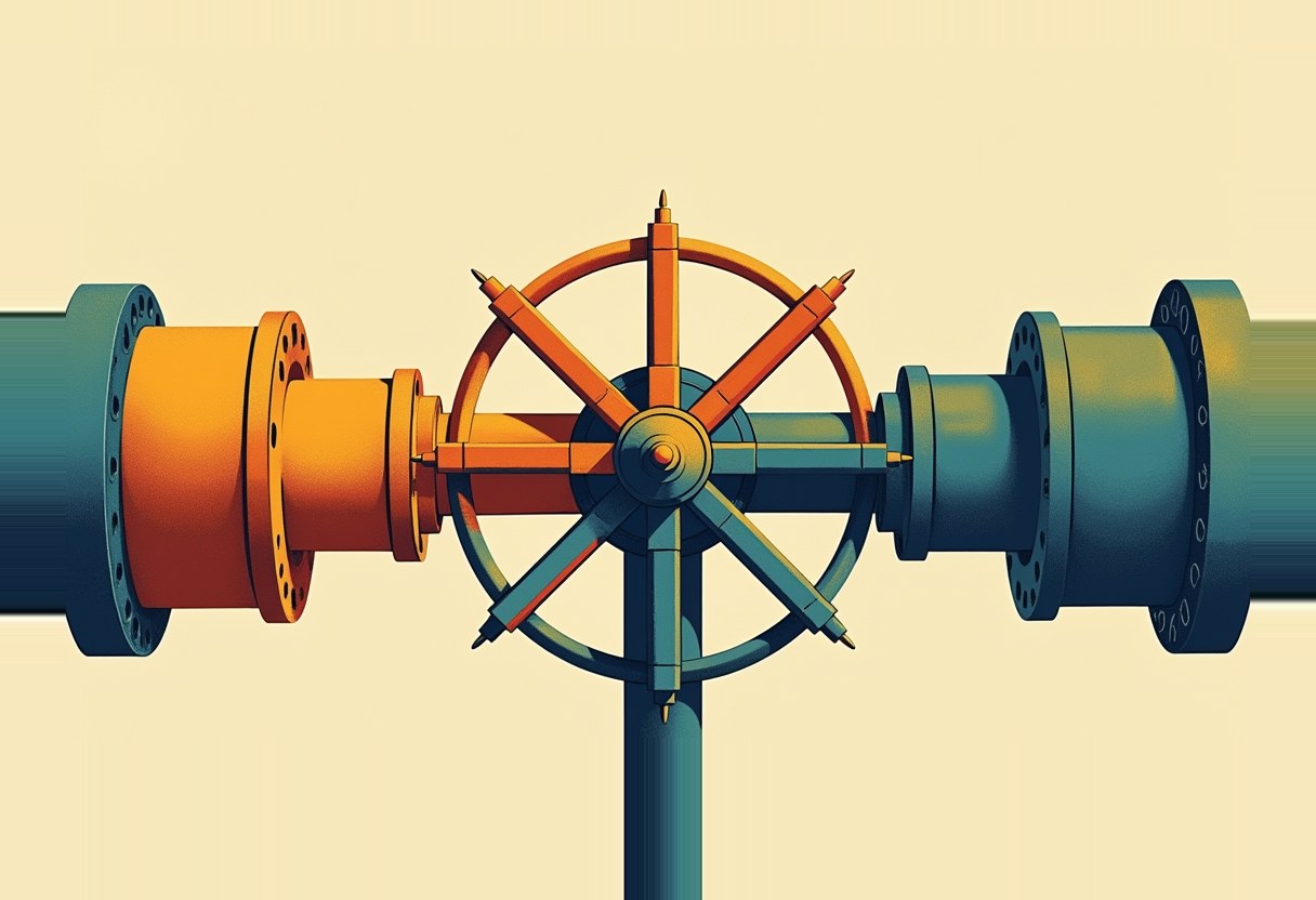 A ship's steering wheel with spoke handles resembling bullets sits between two large industrial pipe valves, in teal, orange, and cream.