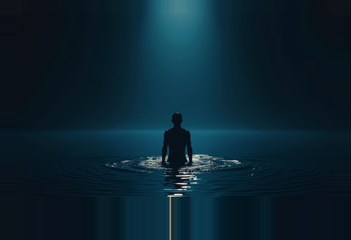 A shirtless silhouetted figure stands chest-deep in dark rippling water under a single overhead beam of blue-white light, facing away from the camera.