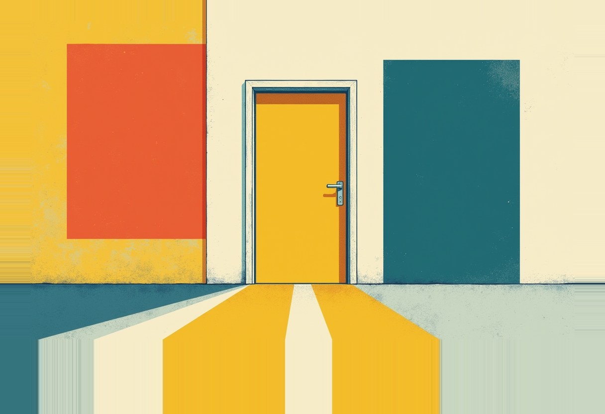 A closed yellow door in a cream wall between a teal rectangle and an orange square on mustard yellow, with light streaming from the doorway across the floor in yellow and cream stripes.