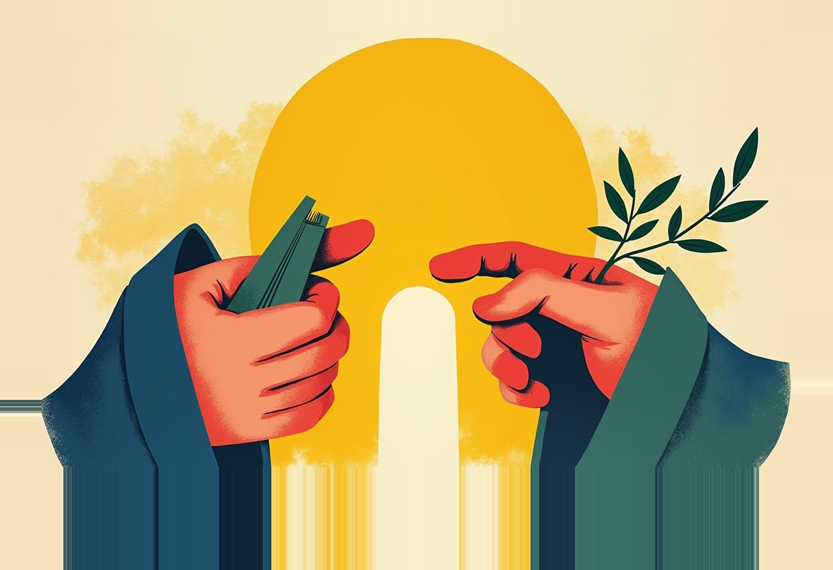 Two hands from opposite sides nearly touch fingertips in front of a large yellow sun, one holding folded cash, the other holding an olive branch.
