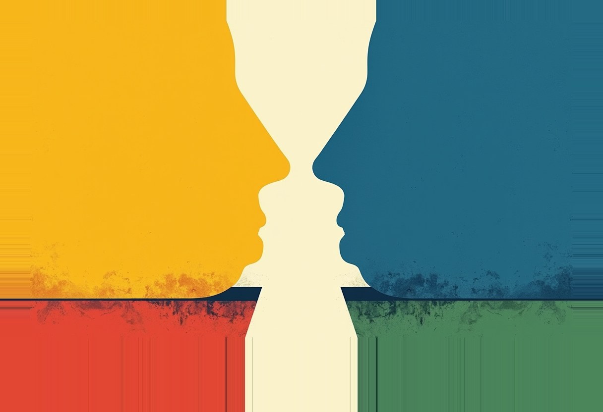 Two profile-silhouette faces, one gold and one teal, meet nose-to-nose to form a pale hourglass shape between a red-and-green ground below and their solid color fields above.