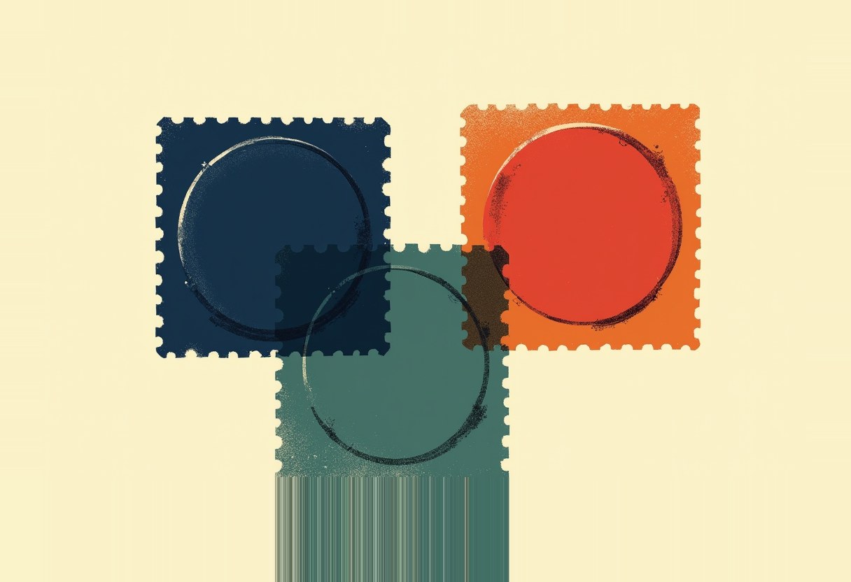 Three overlapping square postage stamps in dark blue, orange, and teal, each with a faint circle outline, on a cream background, the bottom stamp fading into vertical streaks.