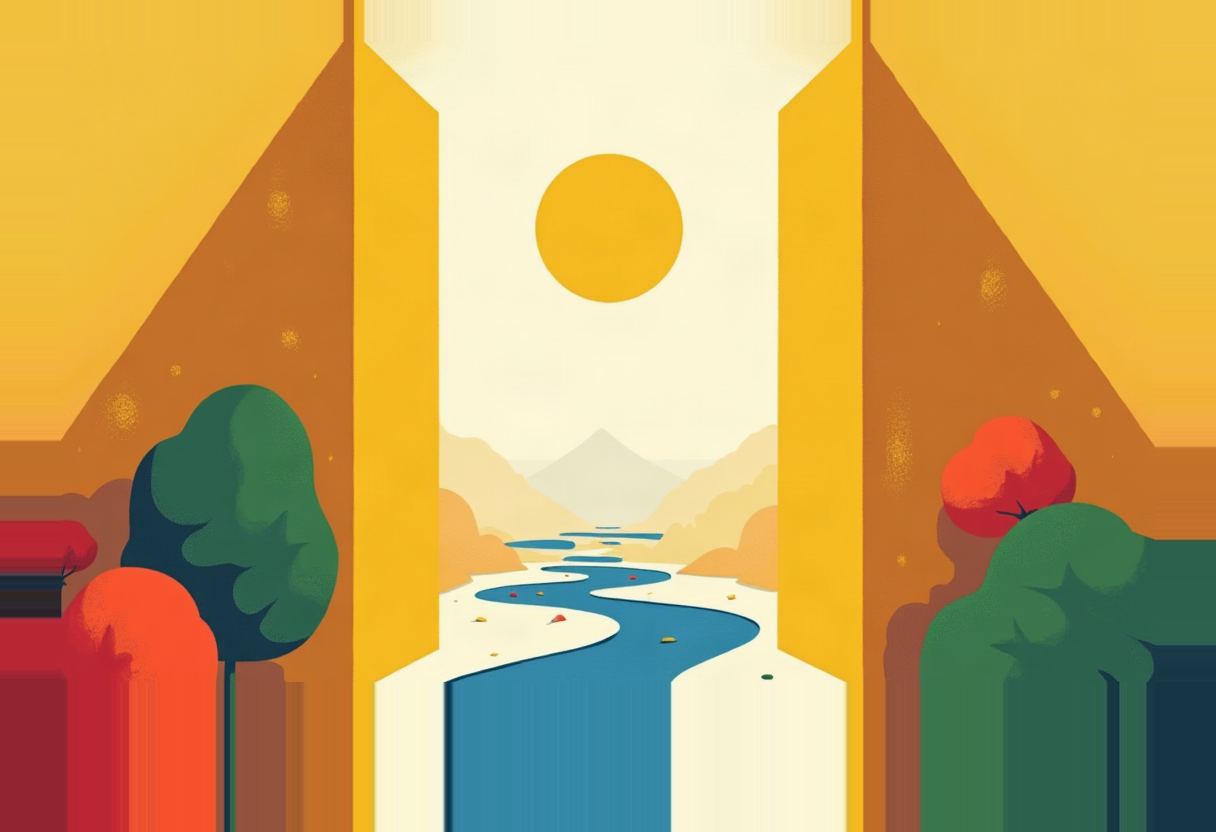A flat-style illustration of two orange triangular pillars framing a winding blue river under a round yellow sun, with green and red trees on either side and hazy mountains in the distance.