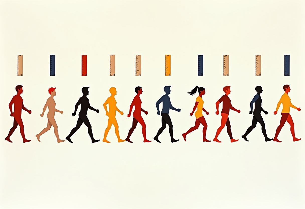 Ten flat-colored silhouettes of walking figures in red, tan, black, orange, and blue, each under a small vertical ruler icon, on a cream background.