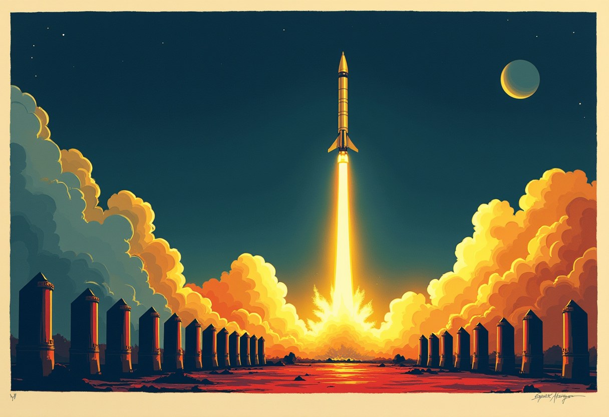A single rocket launches skyward on a bright yellow exhaust flame, flanked by two rows of dark silo towers amid billowing orange and teal smoke, with a crescent moon in the dark sky.