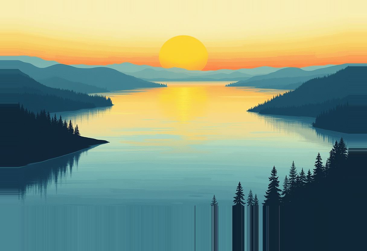 Illustrated lake at sunset, a large yellow sun reflecting on calm blue water framed by pine-covered hills silhouetted in shades of blue.