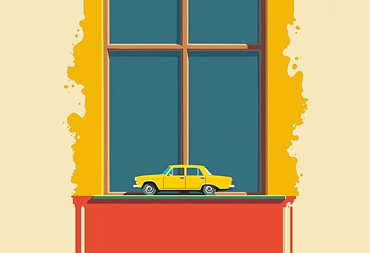 A small yellow toy car sits on a red windowsill in front of a tall window with a teal glass pane and a yellow wall with peeling paint patches.