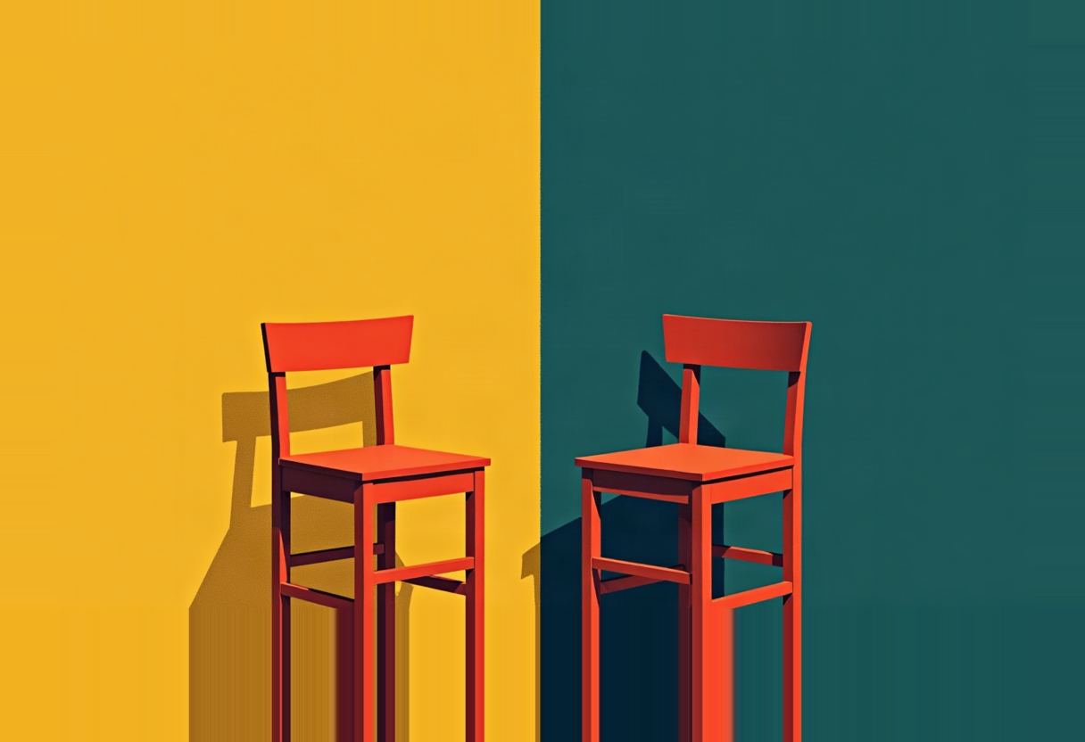 Two tall orange chairs stand on a split background, one half mustard yellow and the other dark teal, each casting a long shadow.