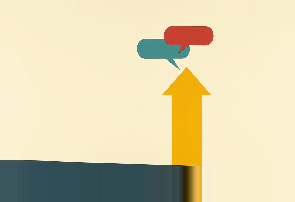 A flat risograph illustration of a golden arrow rising from a dark navy bar with three empty speech bubbles floating above it — the press secretary's departure, the coverage unable to settle on the word.