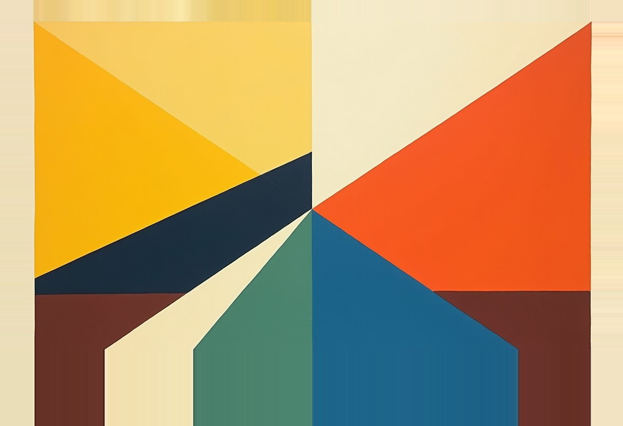 Geometric shapes in yellow, orange, navy, teal, and blue triangles converge at center over a cream background with a maroon strip along the bottom.