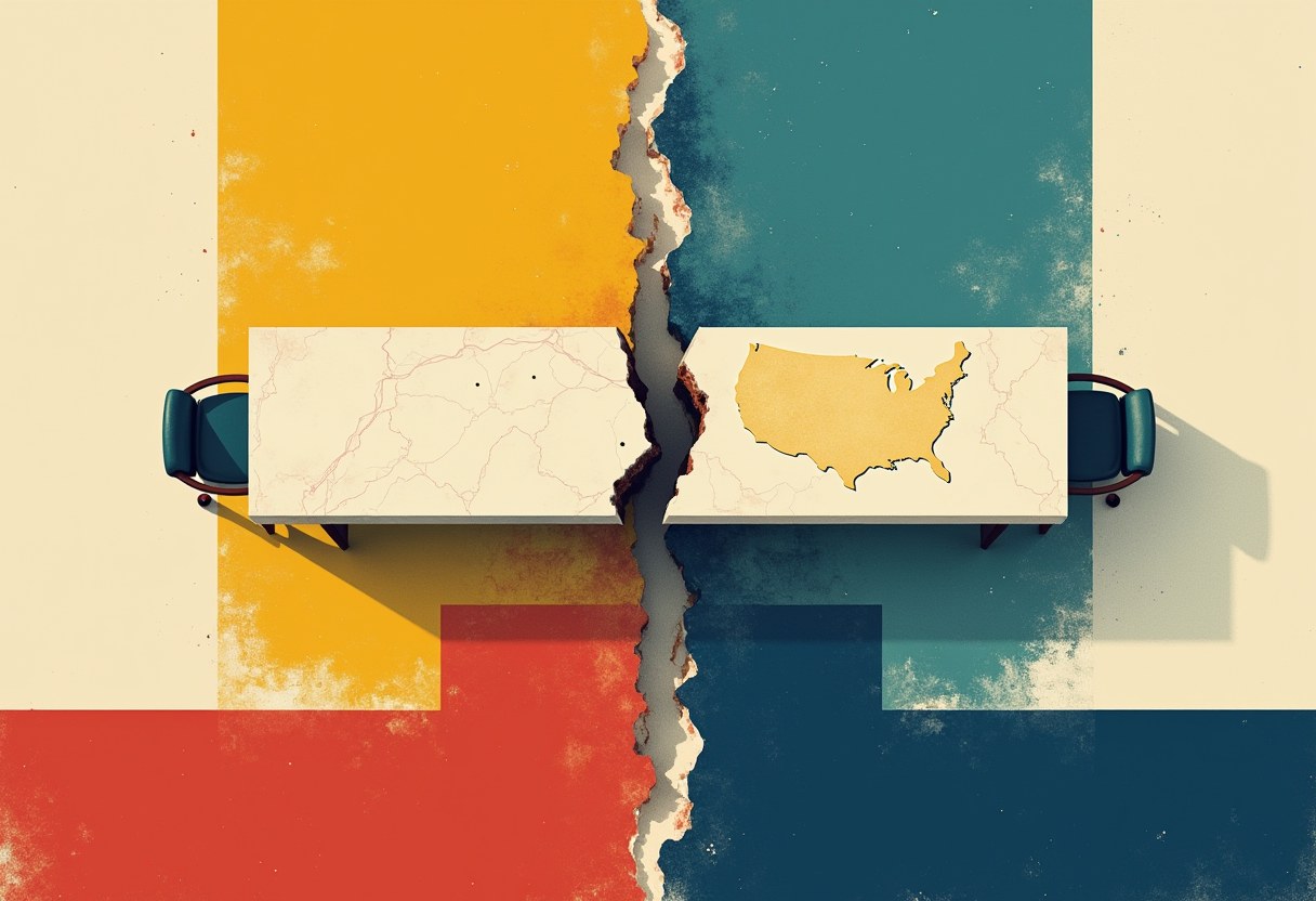 An overhead view of a conference table split by a jagged crack, with a road map on the left half and a yellow U.S. map outline on the right, against orange, teal, red, and blue color-block backgrounds and two empty chairs.