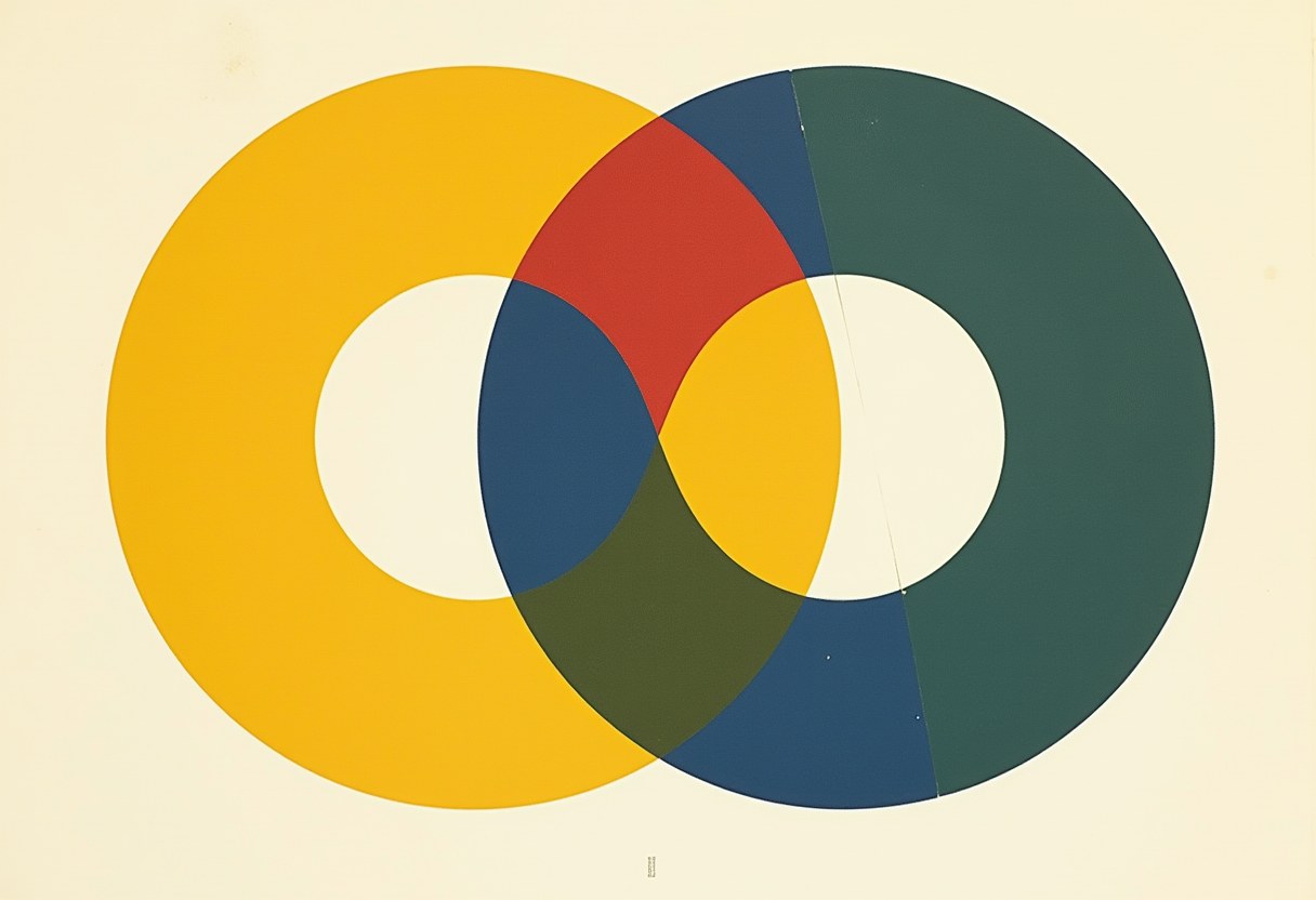 Two overlapping rings, yellow on the left and blue-green on the right, their overlap shaded red, dark blue, and olive, on a cream background.