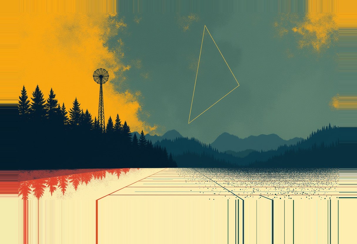 A silhouetted radio tower and pine forest against an orange and teal sky with a thin yellow triangle outline, above blue mountains and a pale ground streaked with red and dark vertical lines.