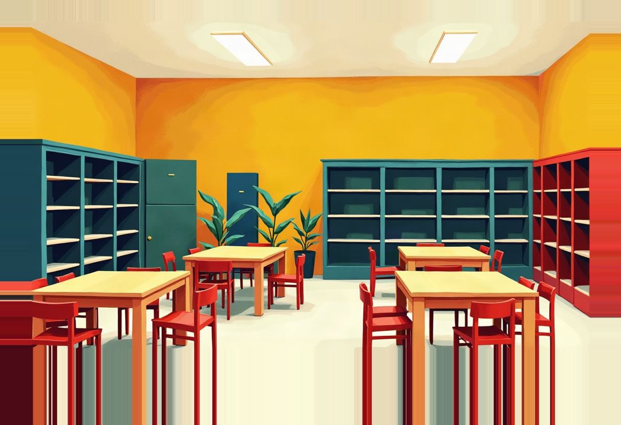 Illustration of an empty library with yellow walls, teal and red bookshelves holding no visible books, wooden tables, red chairs, and two potted plants.