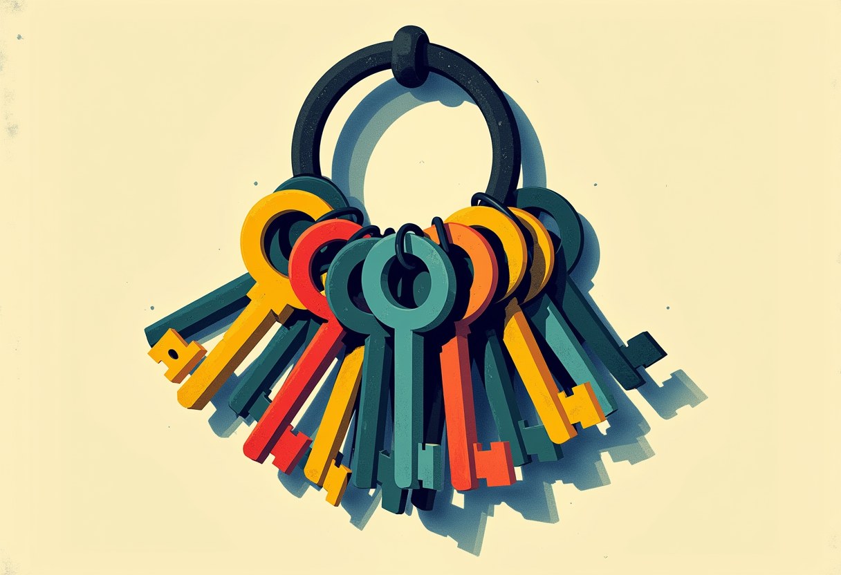A cluster of teal, orange, red, and yellow keys fanned out on a black metal ring, casting shadows on a pale cream background.