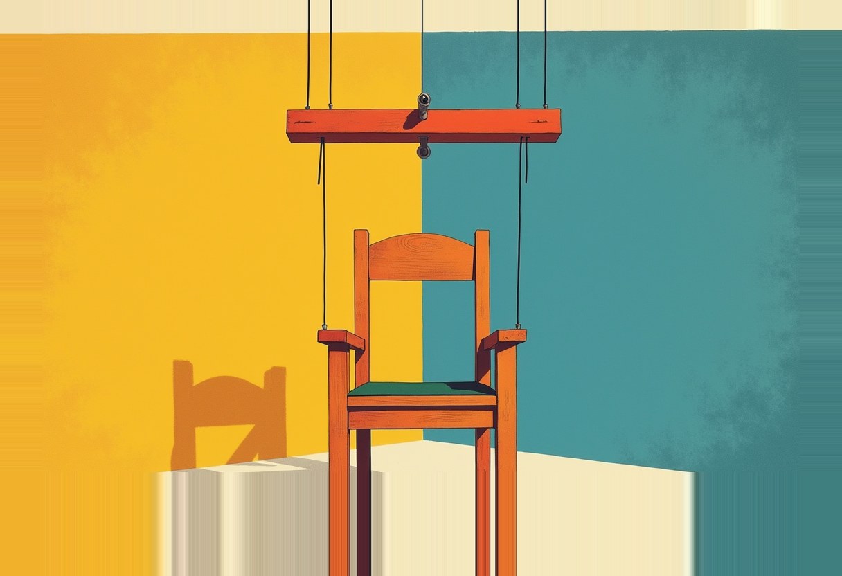 A wooden armchair with a green seat hangs from strings attached to an overhead beam, casting a shadow on a wall split into yellow and teal halves.