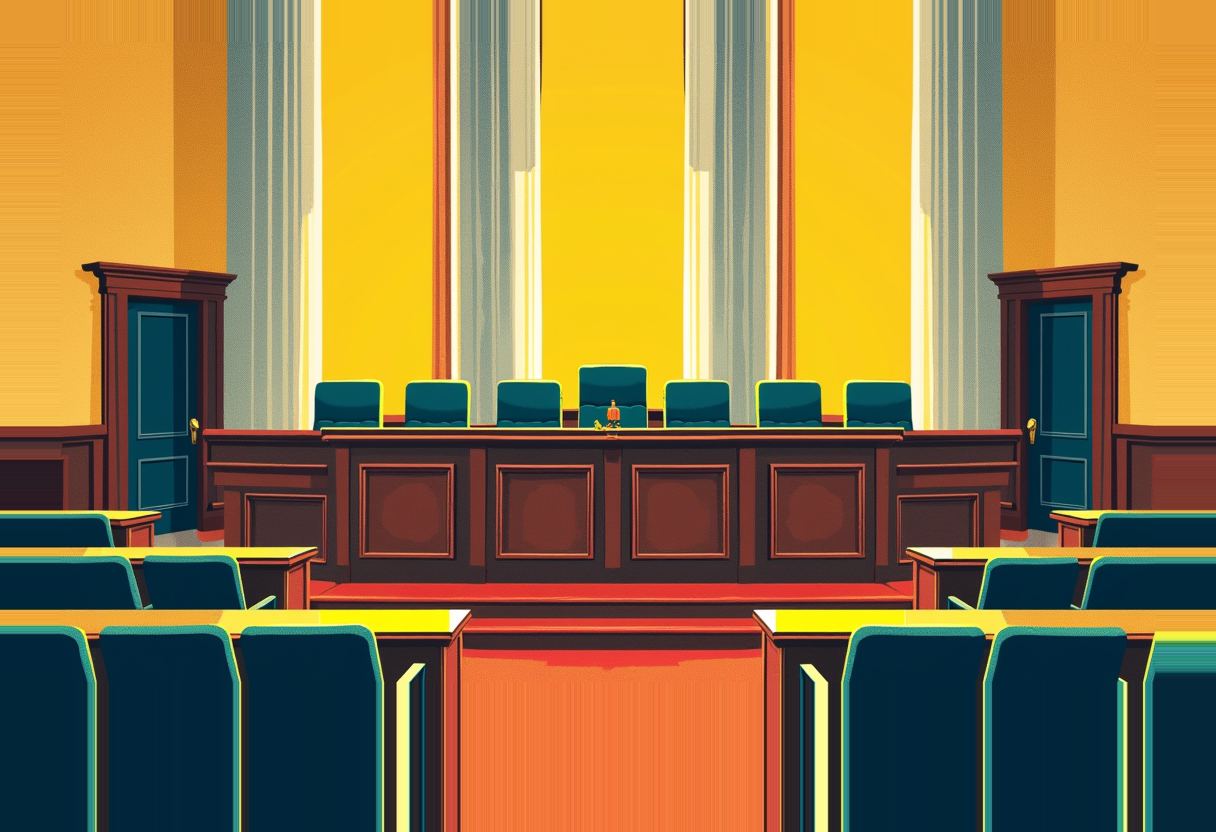 An empty courtroom with a raised wooden judge's bench, six empty teal chairs on either side of a central seat, and tall yellow-lit columns behind it.