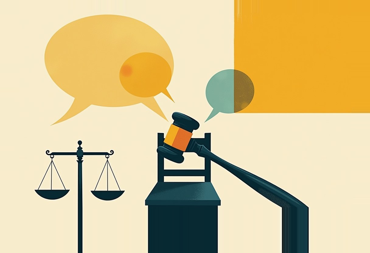 Illustration of a dark gavel resting on a block beside a scale of justice, with two overlapping speech bubbles rising above it against cream and orange backgrounds.