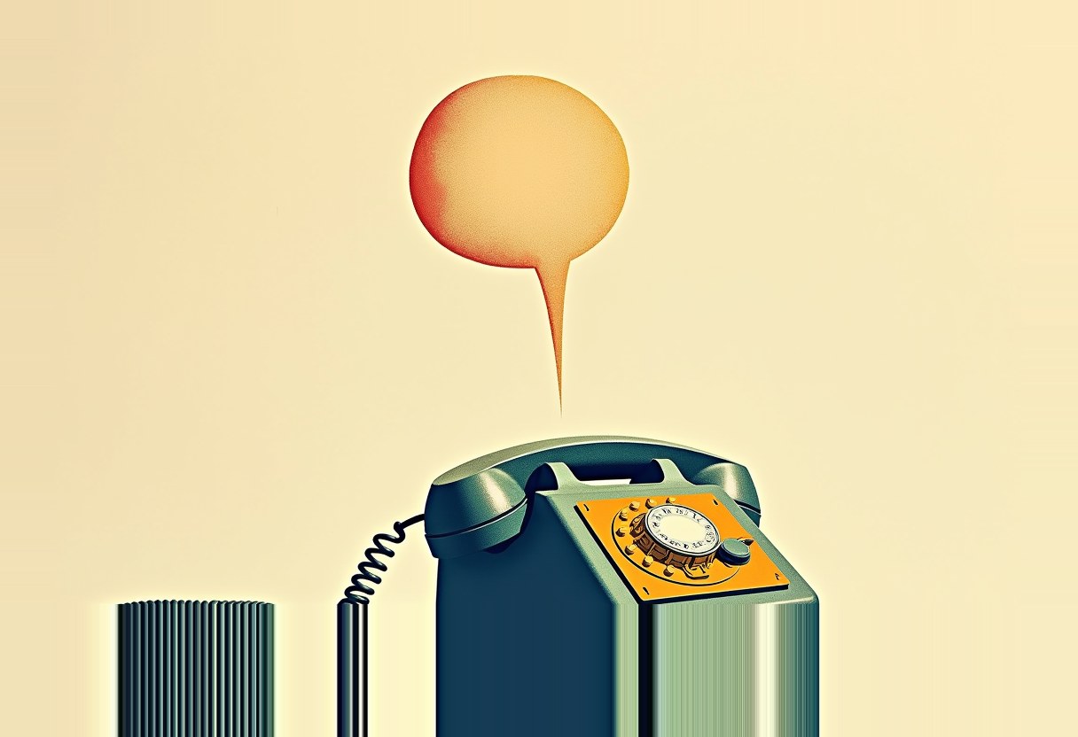 A tall dark blue rotary phone with an orange dial and coiled cord sits below a blank orange speech bubble pointing down at it, on a pale yellow background.