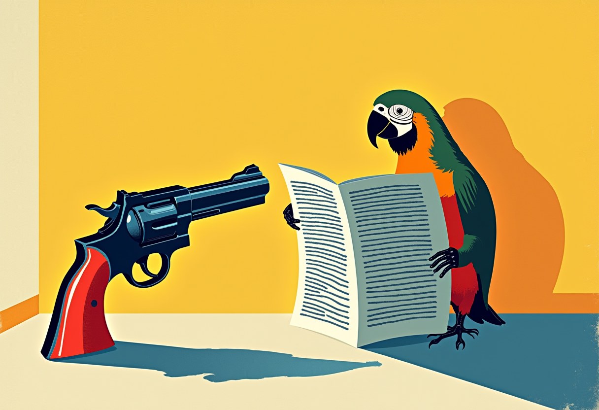 Editorial illustration of an oversized revolver aimed at a parrot calmly reading a broadsheet newspaper, the bird casting a larger parrot shadow on the wall behind it