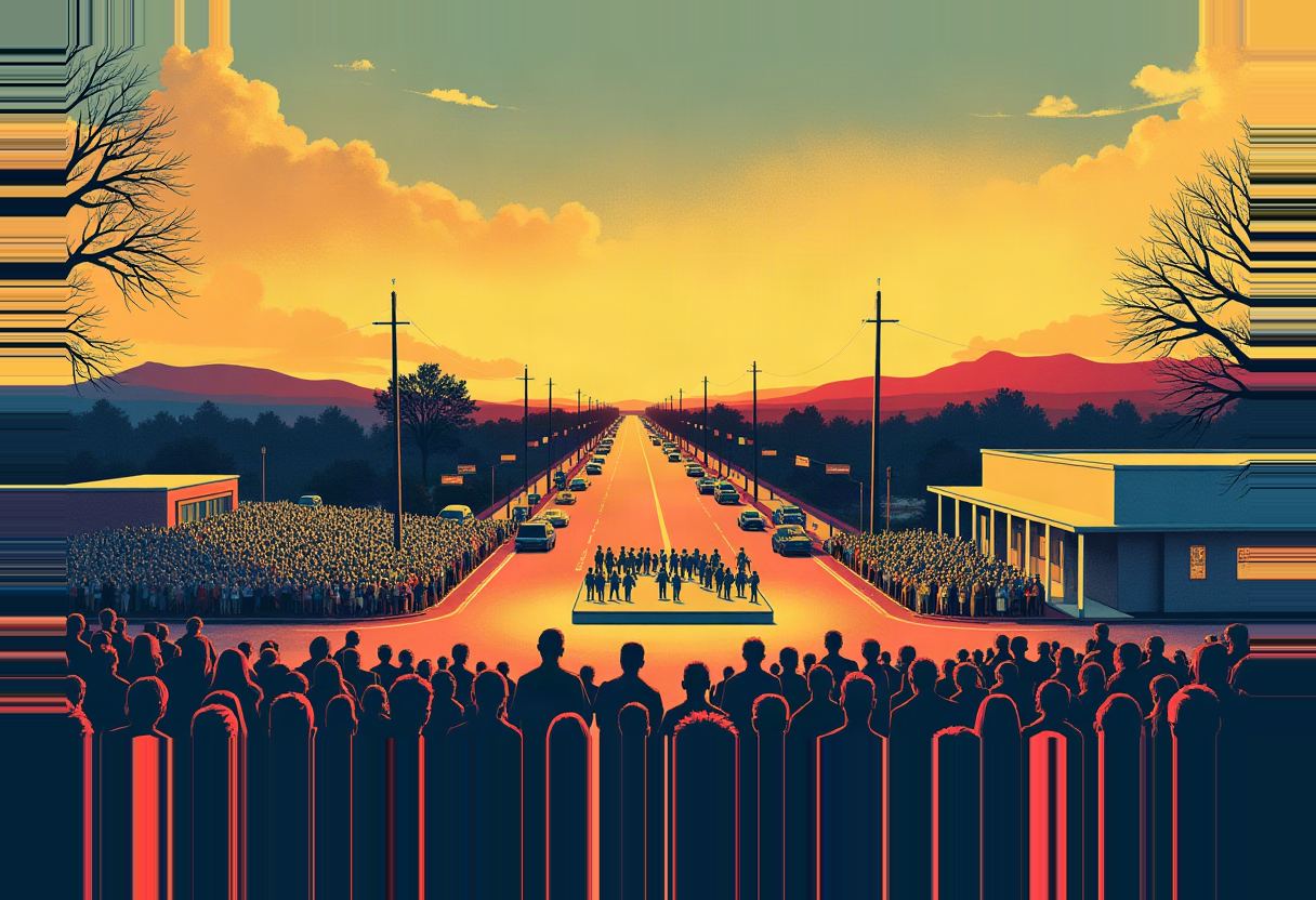 Illustrated crowds in silhouette line both sides of a straight road under an orange-yellow sunset sky, with a small group on a central platform and cars driving past toward distant red hills.