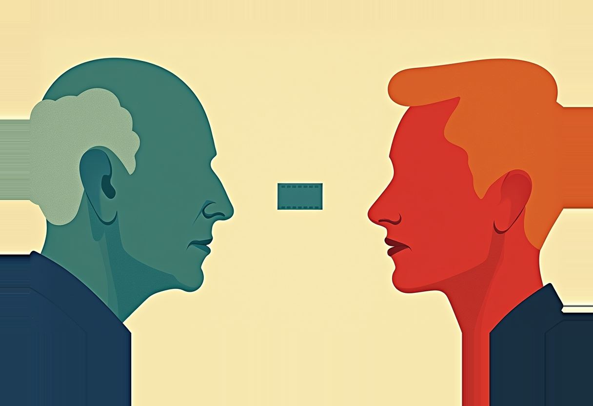 Two profile silhouettes, an older teal-toned man with white hair and a younger orange-red man, face each other with a small film-strip icon between them.