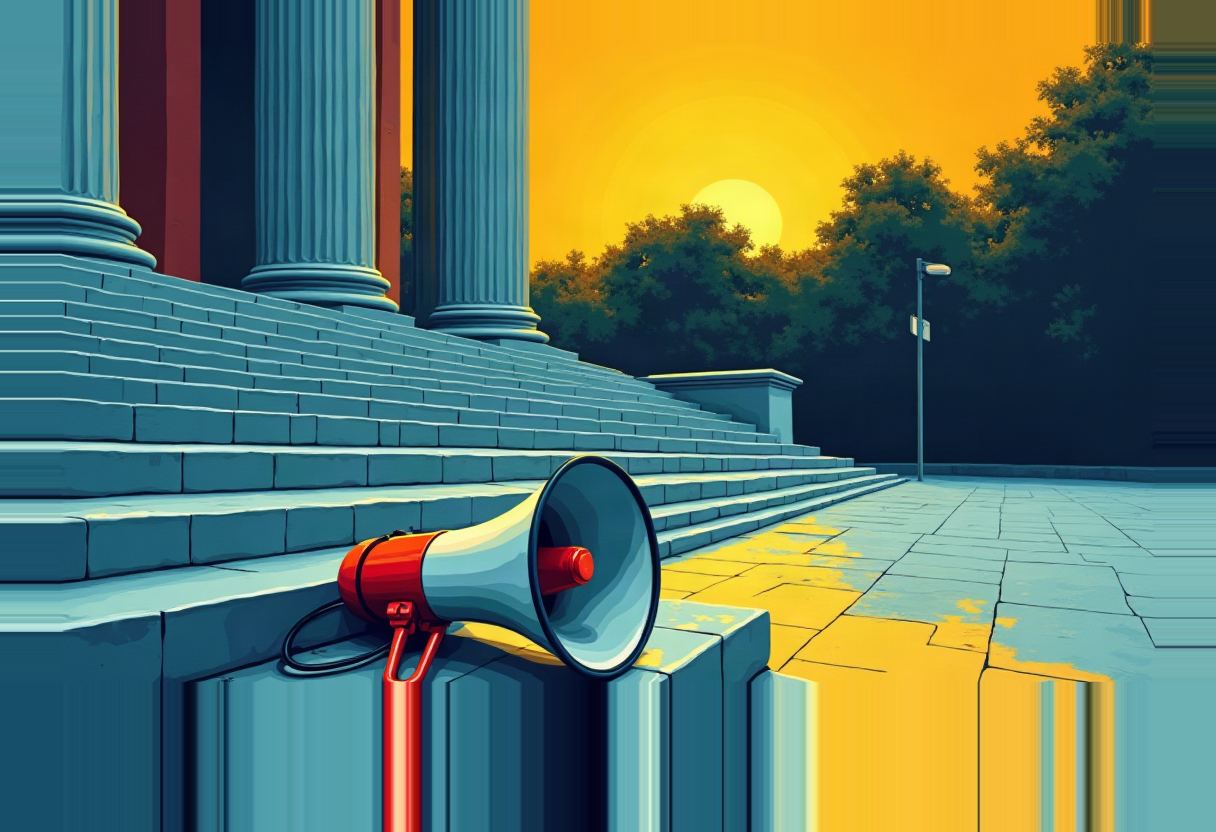 A red-and-gray megaphone rests on stone steps beside classical columns, with a plaza and trees silhouetted against an orange sunset.