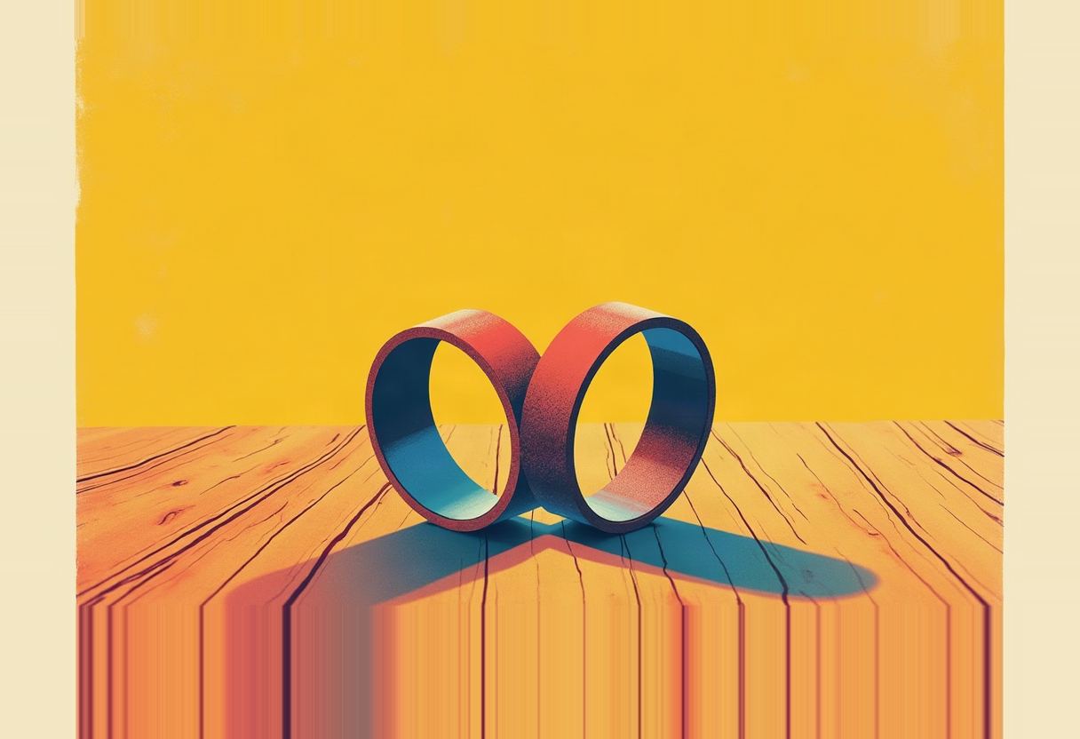 Two red wedding rings stand upright and lean apart on a wood-grain table against a solid yellow background, casting long shadows.