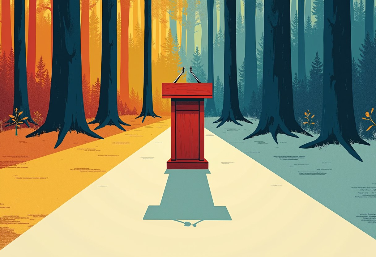 A wooden lectern in a forest clearing casting multiple shadows, no text, no human figures