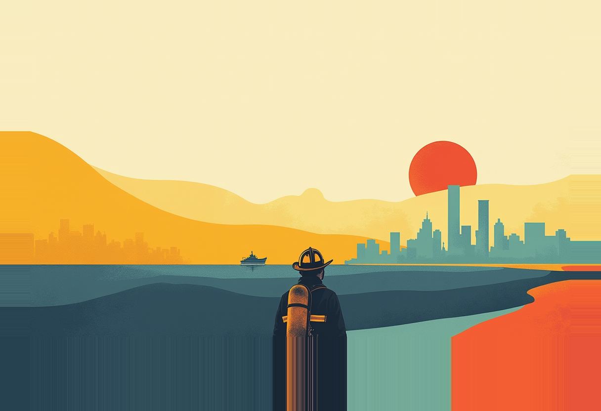 A firefighter in helmet and oxygen tank stands facing a teal city skyline across water, under a red sun, with orange terrain and hills on either side.